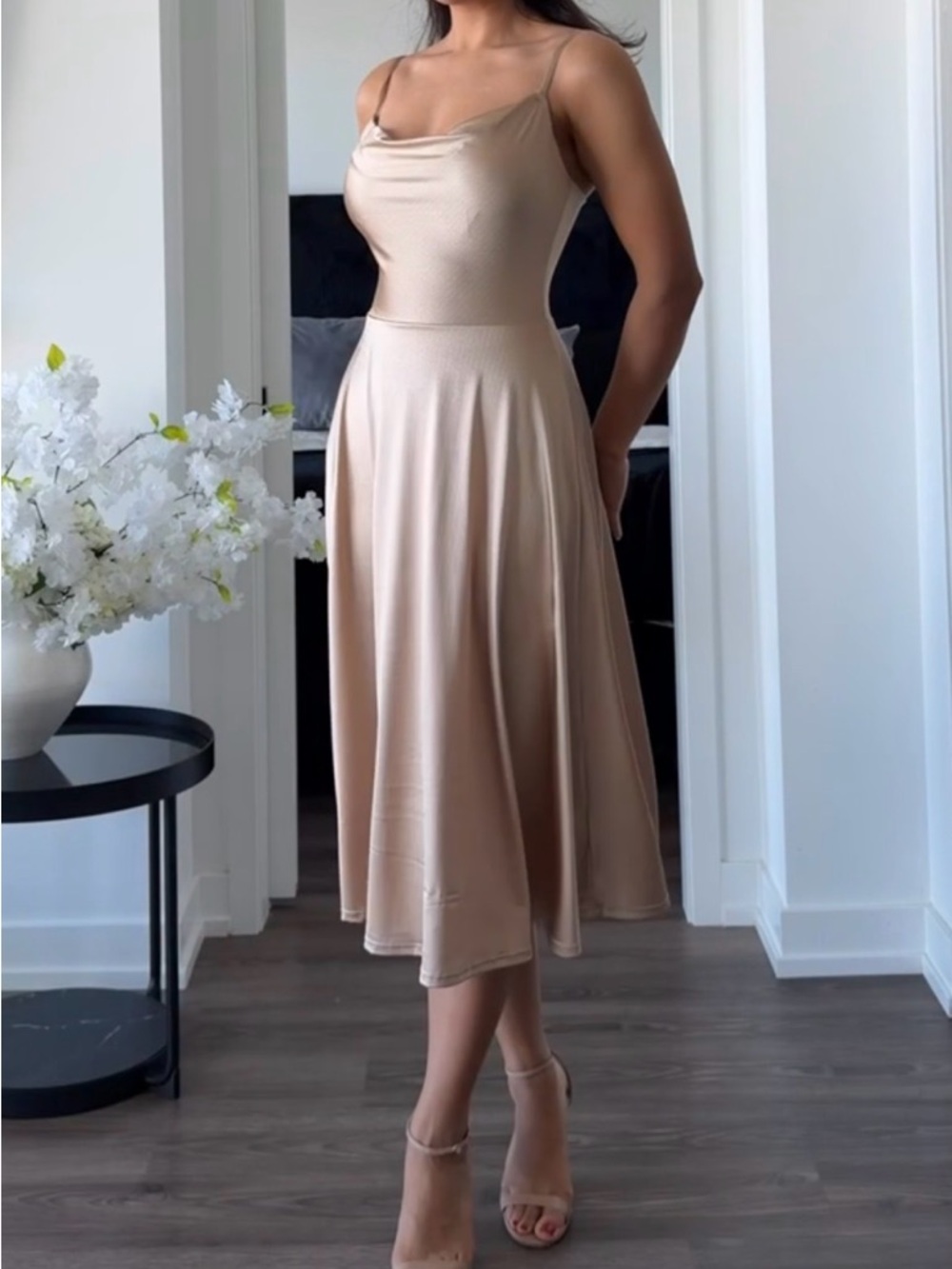 Satin Cowl Neck Midi Dress in Champagne Nude